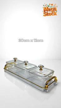 סט 3 קופסאות הגשה עם מכסים ומגש מוזהב