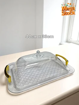 מגש הגשה מלבני עם כיפת אקריל שקופה וידיות זהב